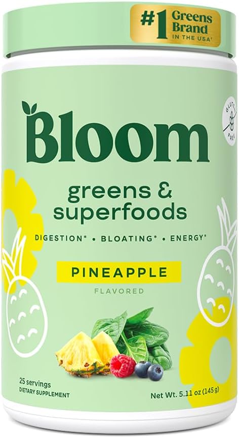 Bloom Nutrition Superfood Greens אבקת, Enzymes עם Probiotics ו Prebiotics, Gut Health, Bloating Relief for Women, Chlorella, Green Juice Mix with Beet Root אבקה, 25 SVG, Pineapple