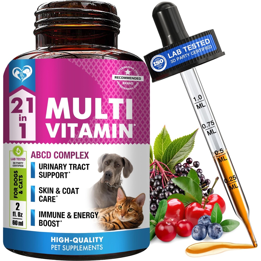 Cat & Dog Multivitamin נוזל עם Glucosamine & Cranberry | 15 ב 1 בריאות תוספי מזון עבור Urinary Tract Kidney, Bladder, hip & Joint, Skin & Coat | Natural UTI Made בארה"ב (60 מ"ל)