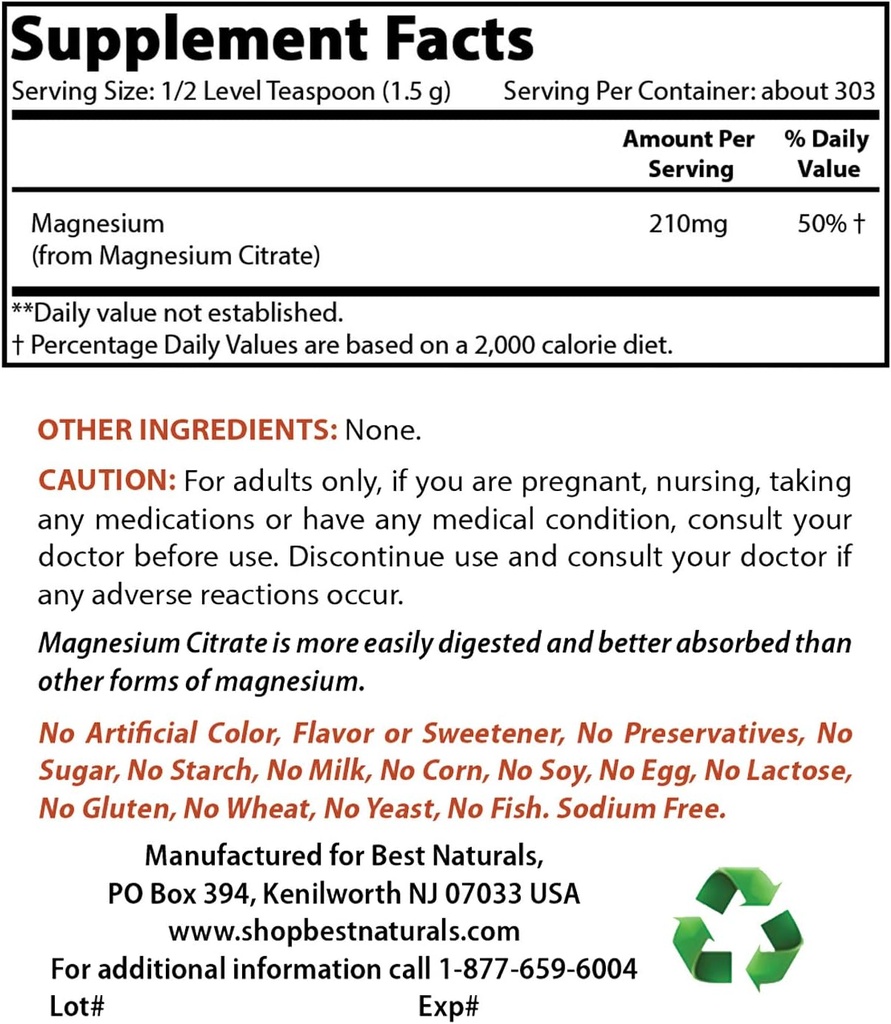 Magnesium Citrate אבקת 1 פאונד ומגנזיום Glycinate 425 מ"ג