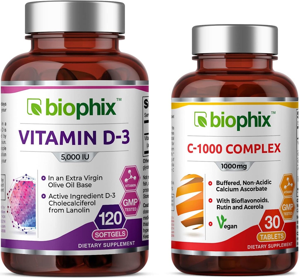 ויטמין D-3 5000 IU 120 Softgels - ויטמין C-1000 30 טבליות - High-Potency in אקסטרה וירג'ין שמן non-GMO Soy-Free Supports Strong Bones Immune Health