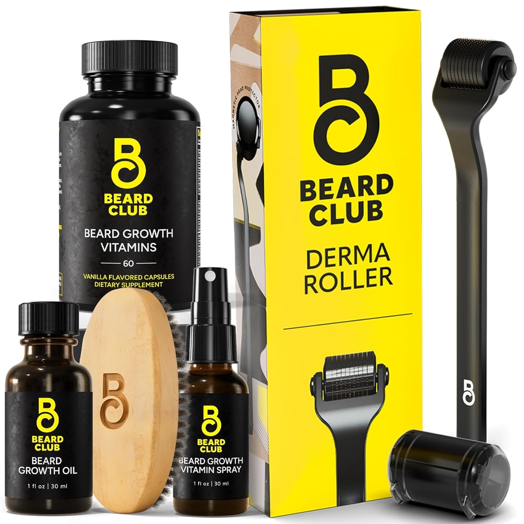 The Beard Club Derma Roller & Essential Beard Kit - Beard Roller, Beard Oil, Beard Spray, Beard ויטמינים