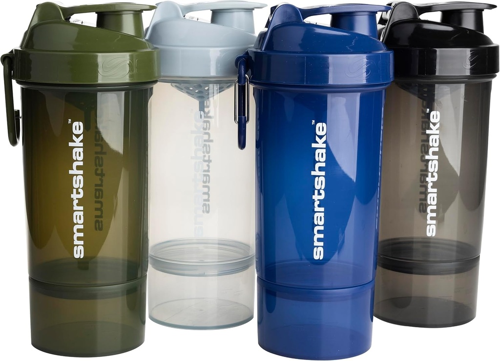 Smartshake O2GO One 4Pack חלבונים Shaker 800 מ"ל | 27 oz - Storage Included - Leakהוכחה Screw-on Lid - BPA Free - Unisex - Mist Gray, Army Green, Black הצי הכחול