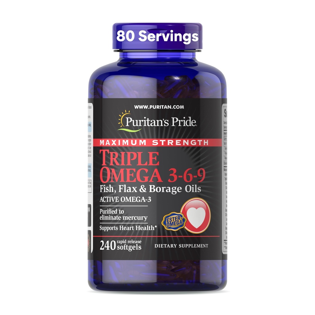 גאווה של Puritan's Pride Premium כוח משולש Active אומגה 3-6-9 דגים, Flax ו Borage Oils, תוספת תזונתית ללב, משותף, ותמיכה בריאות סלולרית, 240 Rapid Release Softgels