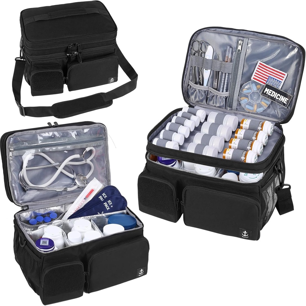 Double Layers Medicine Bag עם Insulated השוואתי גלולות בקבוק מארגן עם Zipper, נסיעות תרופות מארגנת עם עדשות Soft Shoulder עבור בקבוקי גלולות, מטענים רפואיים