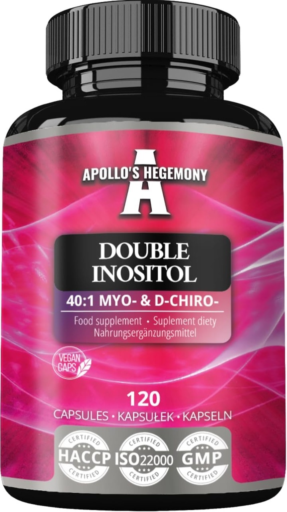 APOLLO'S HEGEMONY Double Inositol 120 קפסולות טבעוניות - Myo-Inositol + D-Chiro-inositol ב- Optimal 40:1 Ratio - 615 מ"ג לקפסולה - 4 חודשים אספקת ויטמין B8 תוסף תוסף תוספי ויטמין B8