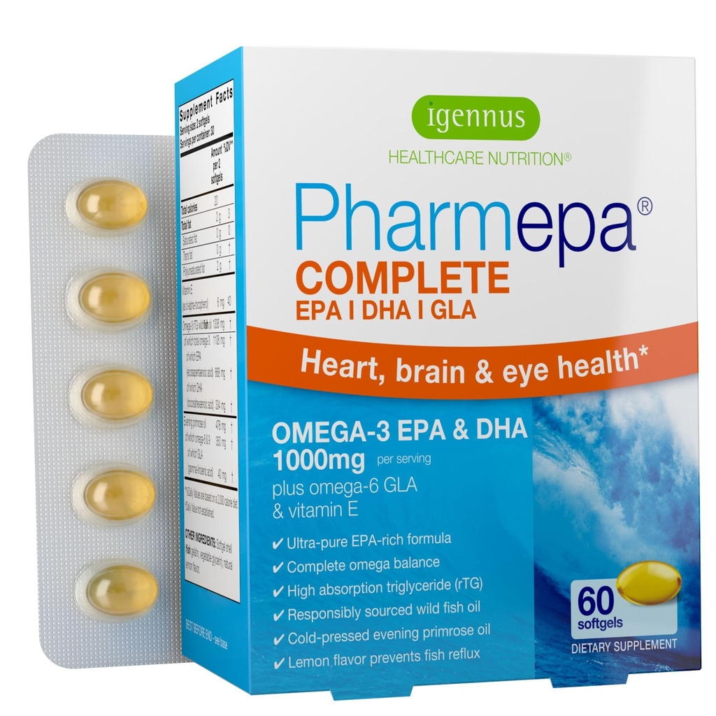 Igennus Pharmpa השלם EPA 668mg & DHA 334mg אומגה 3 שומן Acids 1000 מ"ג, IFOS מוסמך, RTG טופס, שמן דגים גבוה פלוס אומגה 6 ו 9 מ שמן GLA ערב פרירוז שמן, לימון פלמור, 60 Softgels מוסמך, 60 Softgels