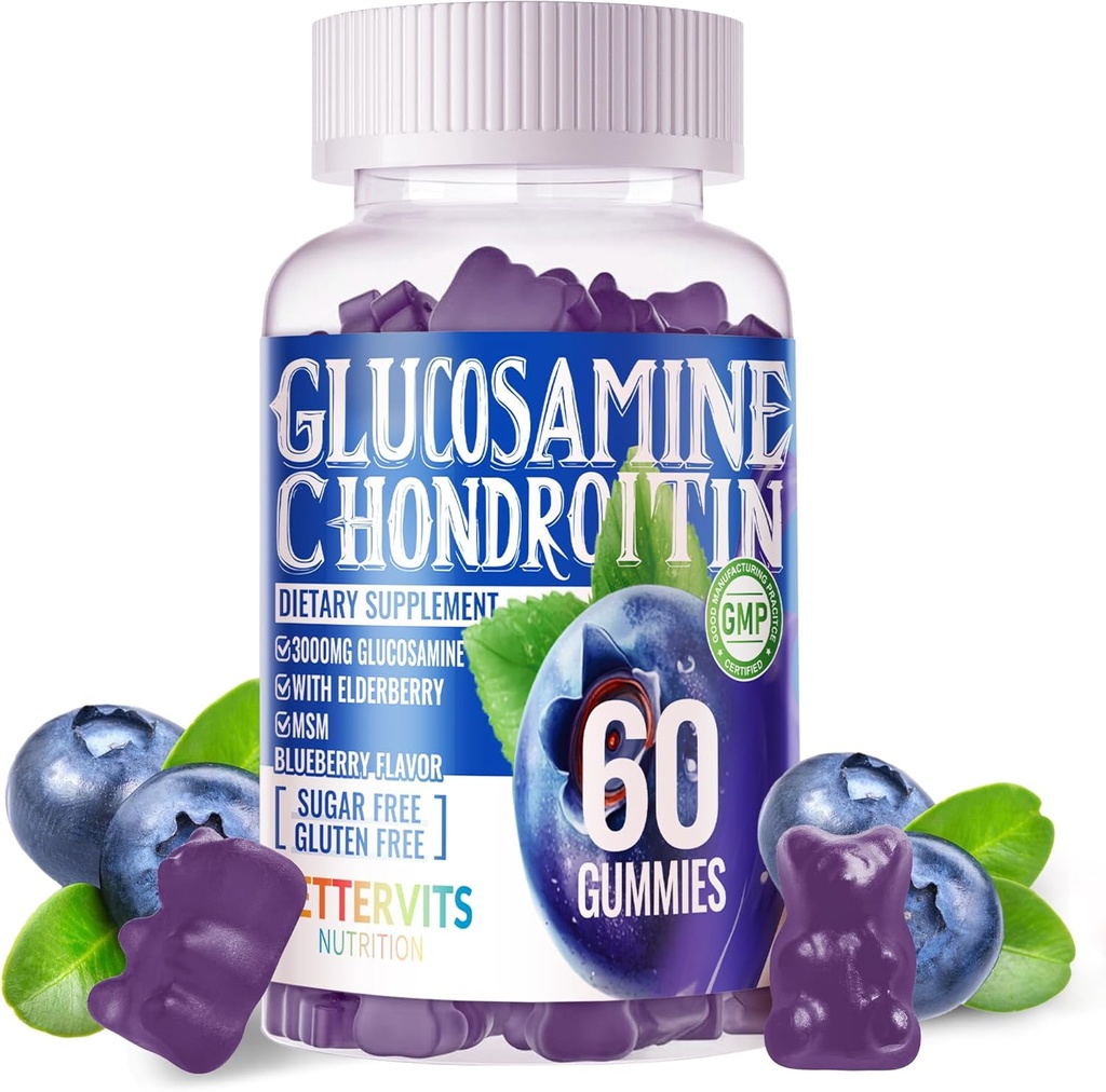 Glucosamine Chondroitin Gummies עם MSM & Elderberry תוספת כוח - תמיכה משותפת, Antioxidant Immune תמיכה תוסף למבוגרים, גברים ונשים.60 חניכיים Blueberry