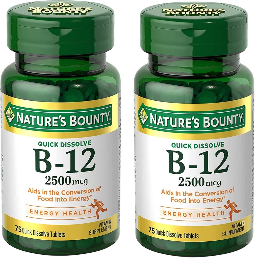 ויטמין B12 2500 mcg, אנרגיה ותמיכה סלולרית, עבור אנרגיה Metabolism, Heart & Nervous System Health, 75 טבליות Quick Dissolve (Pack of 2)