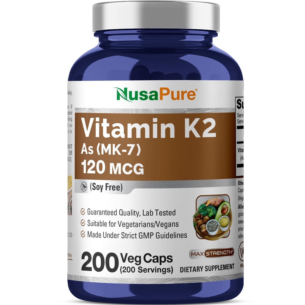 NusaPure ויטמין K2 MK7 120 mcg 200 Veggie Caps (Soy Free, non-GMO, טבעוני)
