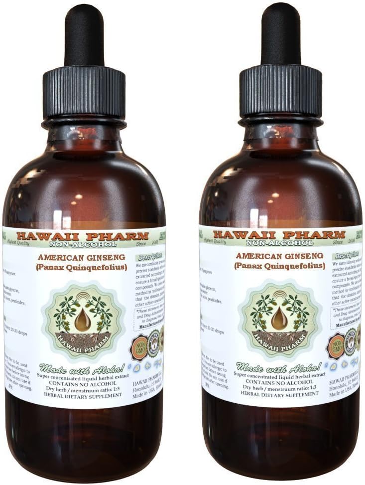 American Geneseng Alcohol-Free Extract, גינזנג (Panax Quinquefolius) Dried Root Glycerite הוואי Pharm טבעי צמחייה 2x4 oz