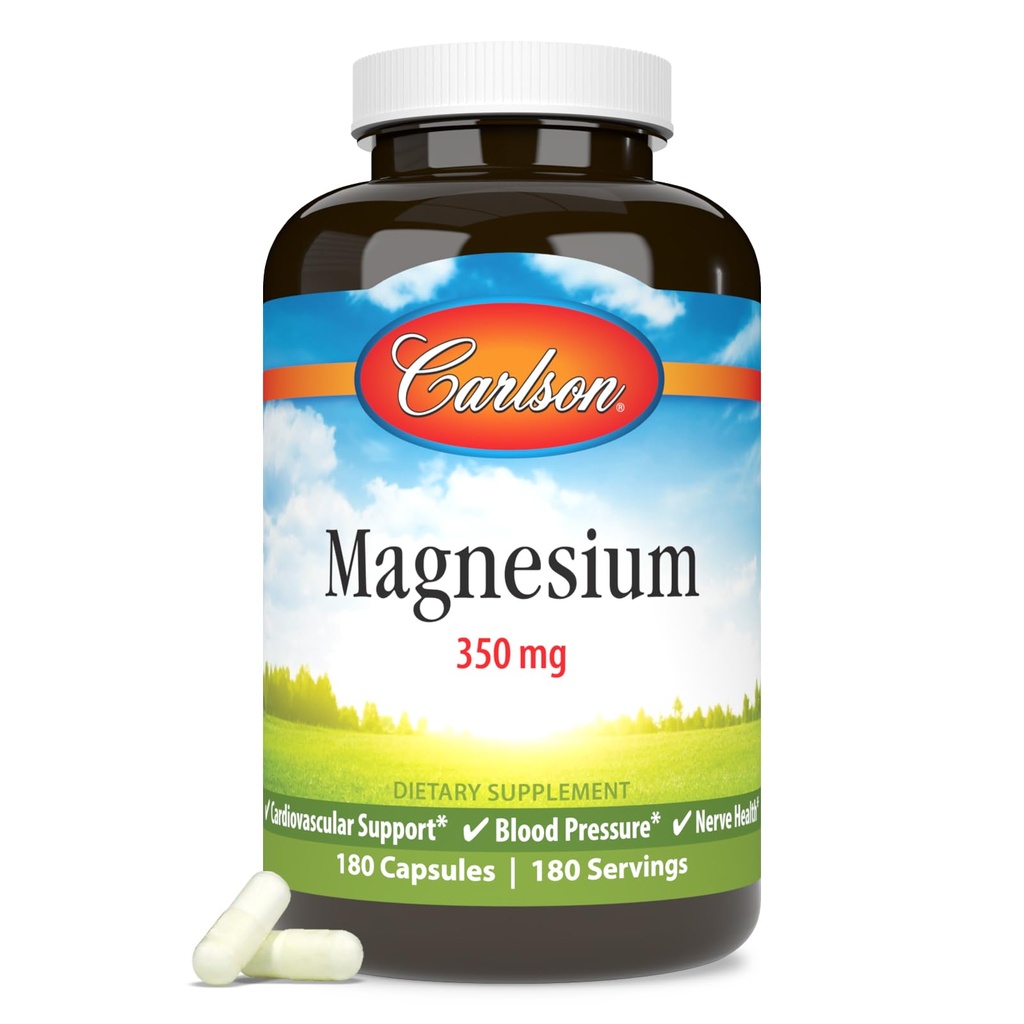 קרלסון - Magnesium, 350 מ"ג, Cardiovascular Support, Function & Nerve Health, 180 קפסולות