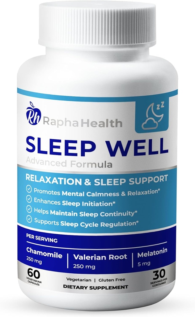 Sleep Well | Natural Sleep Aid with Magnesium Glycinate, ולריאן שורש וצ'מומיל | Non-Habit Forming | 60 קפסולות - 30 לילות של שינה שקטה