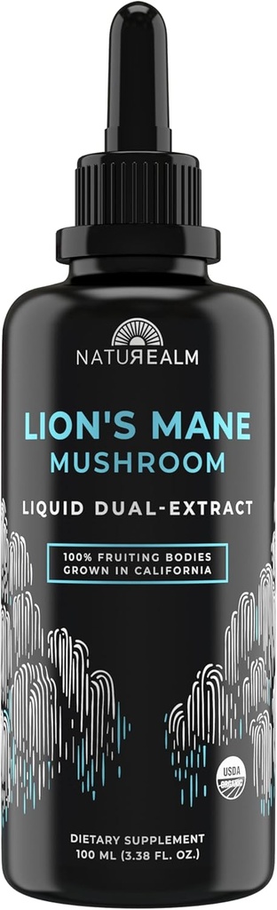 Naturealm Lion's Mane Mushroom Liquid Tincture תוסף - Focus, Memory & Brain Health, Vegan, Non-GMO - אורגני פריינג גופים, 2 חודשים אספקת