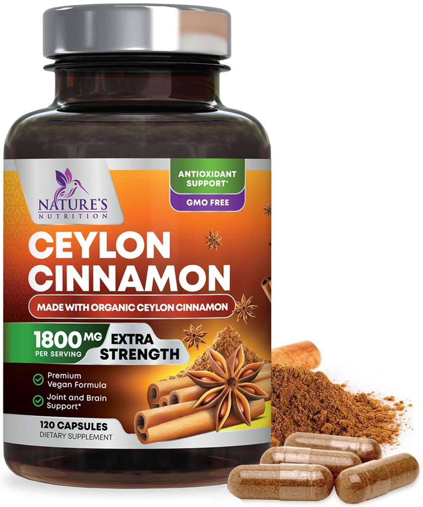 אורגני Ceylon Cinnamon תוסף 1800 מ"ג - מוסמך אורגני Ceylon Cinnamon אבקת גלולות - אנרגיה ותמיכה לב לנשים וגברים, בבקבוק בארה"ב, אנטי-חמצן, Gluten Free, non-GMO - 120 קפסולות