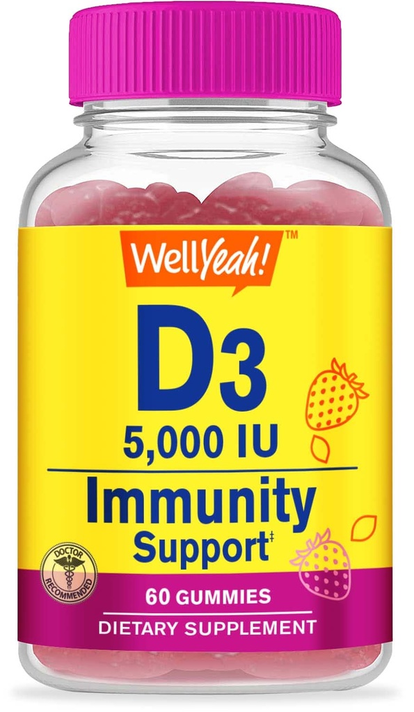 ובכן, ויטמין D3 5000 IU (125 mcg) תוספת מסטיקמיות - עבור בריאות העצם, Immune Booster, העצמות ותמיכה שיניים - Non GMO, Gluten Free, Nut Free, Vegetarian - סטרודיבדור -60 חניכיים