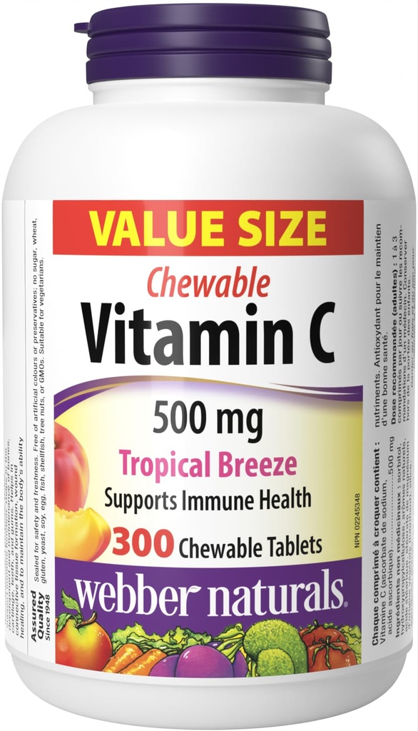 Webber Naturals ויטמין C, 300 טבליות Chewable Tropical Breeze, 500 מ"ג של ויטמין C Per Tablet, עצמות, שיניים, Immune ו- Antioxidant Support, Non GMO, חלב וגלוטן חינם חינם