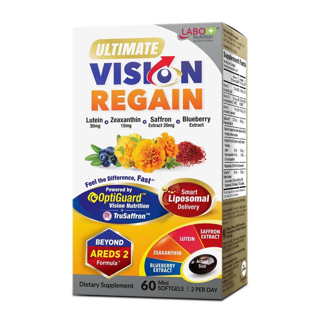 LABO Nutrition Ultimate VisionREGAIN, עין מעבר לויטמין 2 פורמולה עם Lutein, Zeaxanthin, Saffron Extract, Blueberry לבריאות Macular ו-Retinal, Eye Fatigue, Night Vision Support 60 Counts