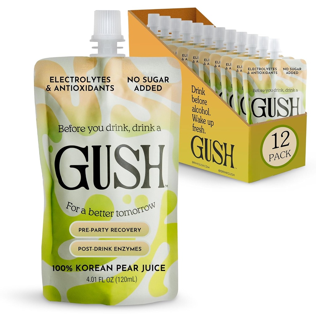 GUSH Pre-Drink Korean Pear Drink - (12 Pack) Pear Hydration Pouch with Enzyme Activation - Prevent Drinking Aftereffects - All Natural, Gluten-Free