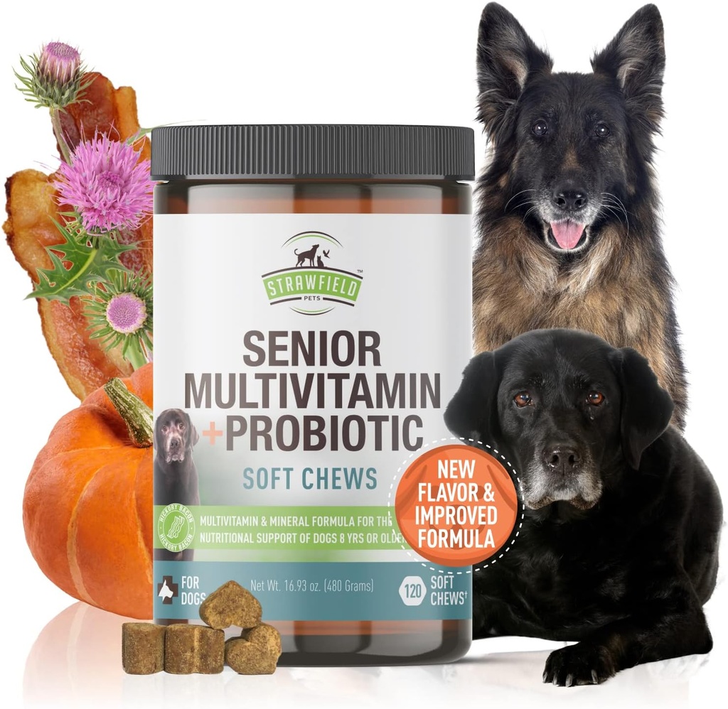 Strawfield חיות מחמד בכירות Multivitamin + Probiotics עבור כלבים עם תוספת תמיכה משותפת חלב עבור כלבים בייקון פלפור 120 צ'נס Soft Chews