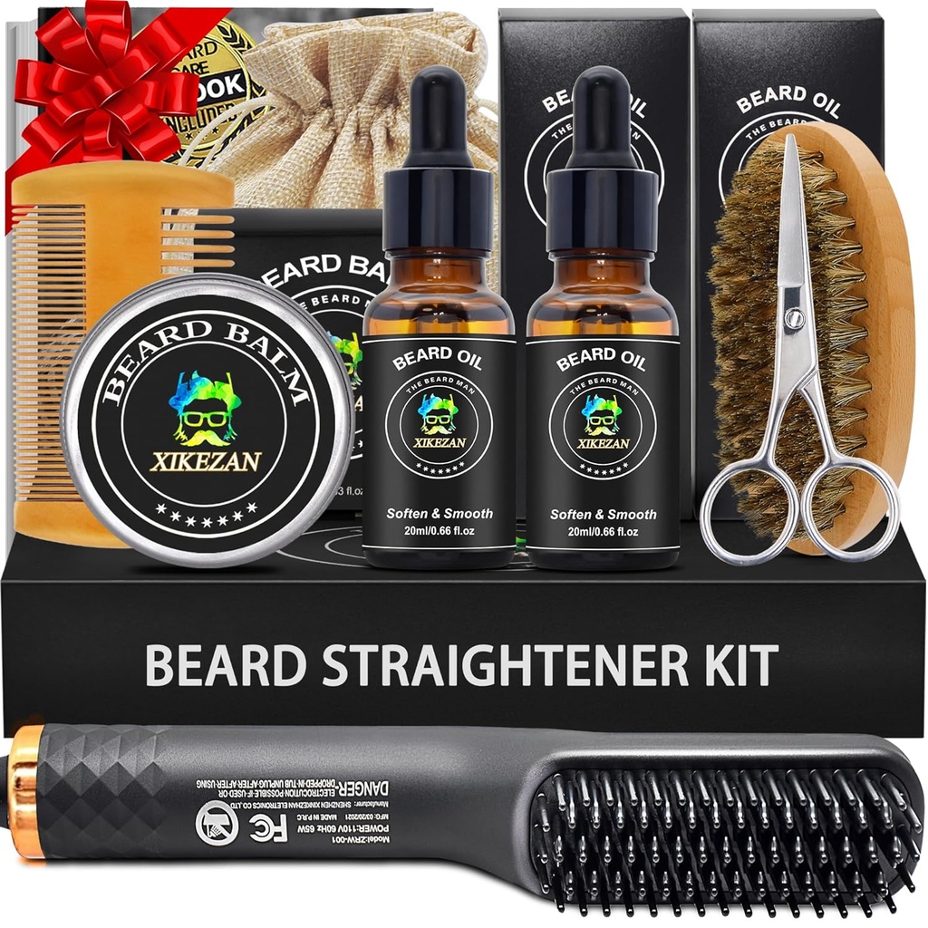 XIKEZAN Beard Kit for Men Grooming & Straighting Set,w/Beard Straightener, 2 Pack Oil, Balm, Comb, Scissor, Brush, Birthday Valentines Gifts for Him Daddy Men Christmas Stocking Stuffers