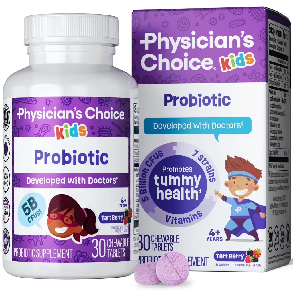 Physician's CHOICE Probiotics לילדים - 7 Diverse Strains, אורגני Prebiotics, ויטמינים ומינרלים - קלינית למד L. Rhamnosus GG - Immune & Digestive Support - No Sugar או Dyes מלאכותי
