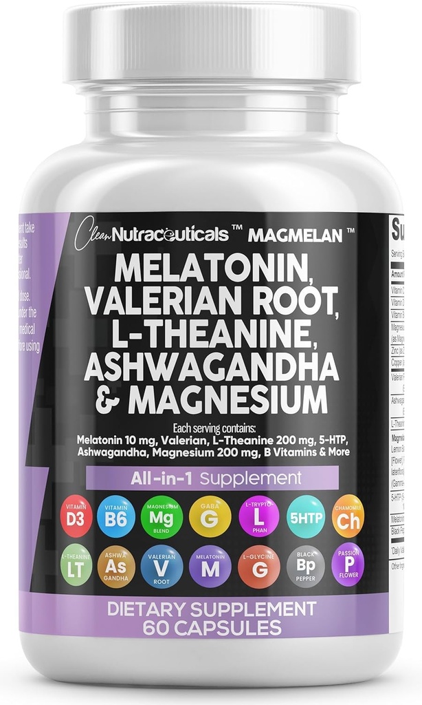 Nutraceuticals Melatonin 10 מ"ג ולריאן שורש L Theanine 200 מ"ג אשוגנדה - תמיכה בשינה עבור נשים וגברים עם Magnesium Complex, לימון Balm, Chamomile, & Passion Flower - 60 Caps Caps Caps