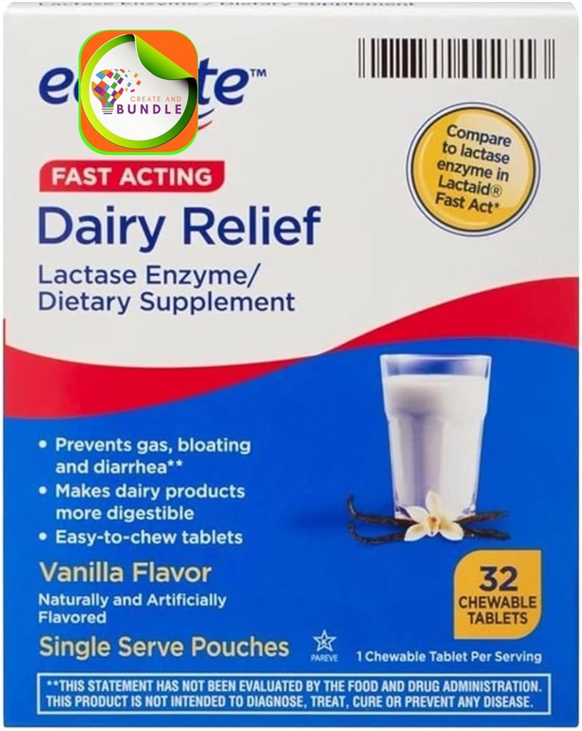 Equate Fast Acting חלב הקלה Lactase Enzyme Dietary תוסף Vanilla Flavor ללעוס טבליות 32 Count (Pack of 1) + CreativeAndBundle Sticker Sticker