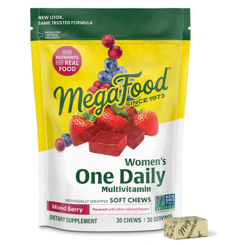 Mega Food Women's One Daily Multivitamin Soft Chews - Multivitamin for Women with Folate, ויטמין B6, B12, ביוטין, ויטמין D - תערובת טעימה ברי פלפור - Vegetarian, non-GMO - 30 צ'אדות