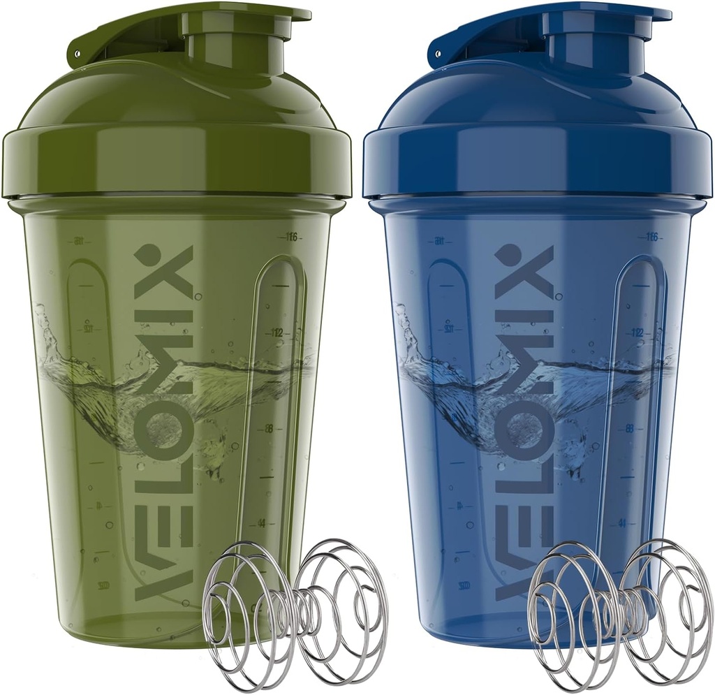 VELOMIX -2 Pack- 20 oz חלבונים Shaker בקבוקי חלבונים למיקסלים חלבונים - 2x Wire Whisk | Leak Proof Shaker Cups forחלבון Shakes and Pre Workout | חלבונים שיקר בקבוק (Green/Blue)