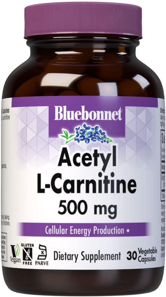 Bluebonnet Nutrition Acetyl L-Carnitine, Transports Fatty Acids, Boosts Cell Energy, Soy & Gluten-Free, מוסמך כשר, טבעוני, 30 קפסולות ירקות, לבן, 500 מ"ג