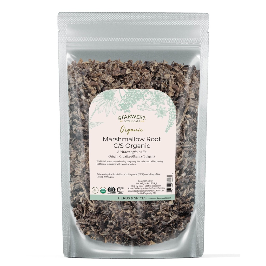 Starwest Botanicals Organic Marshmallow Root - Dried Herb for Tea, Drop Leaf Root Herb, Cut & Sifted, מוסמך כשר, non-GMO - 4 oz Pouch