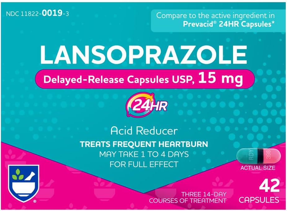 Rite Aid Lansoprazole 15 מ"ג - 42 קפסולות, Acid Delayed משחרר קפסולות USP, Heartburn Relief ו- Acid Reflux, עד 24 שעות של הקלה