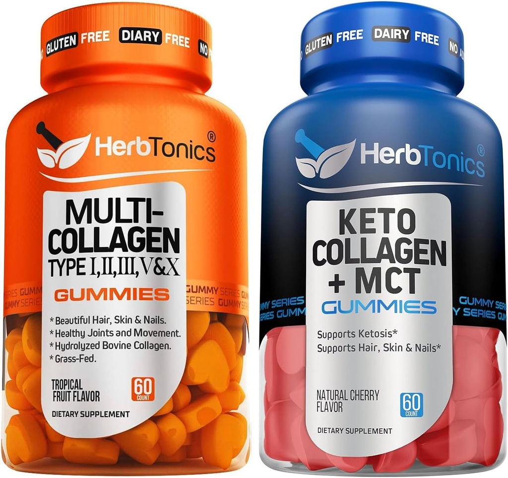 Herbtonics Multi Collagen Gummies סוג 1,2,3,5 ו 10 עם biotin עבור צמיחת שיער, עור, ציפורניים Keto חניכיים עם MCT + Collagen | סוכר חינם | הזדקנות, צמיחת שיער, טיפוח, טיפוח העור, טיפוח & חזק