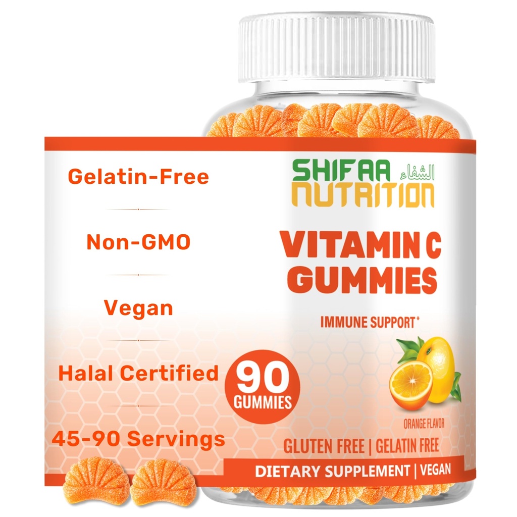 SHIFAA NUTRITION ויטמין C Gummies | 90 חניכיים, 250 מ"ג 45 משרתים | Non-GMO | Gluten-Free, Gelatin-Free | Immune Support Gummies & Seasonal Support for Kids & Adults Halal ויטמיניםs