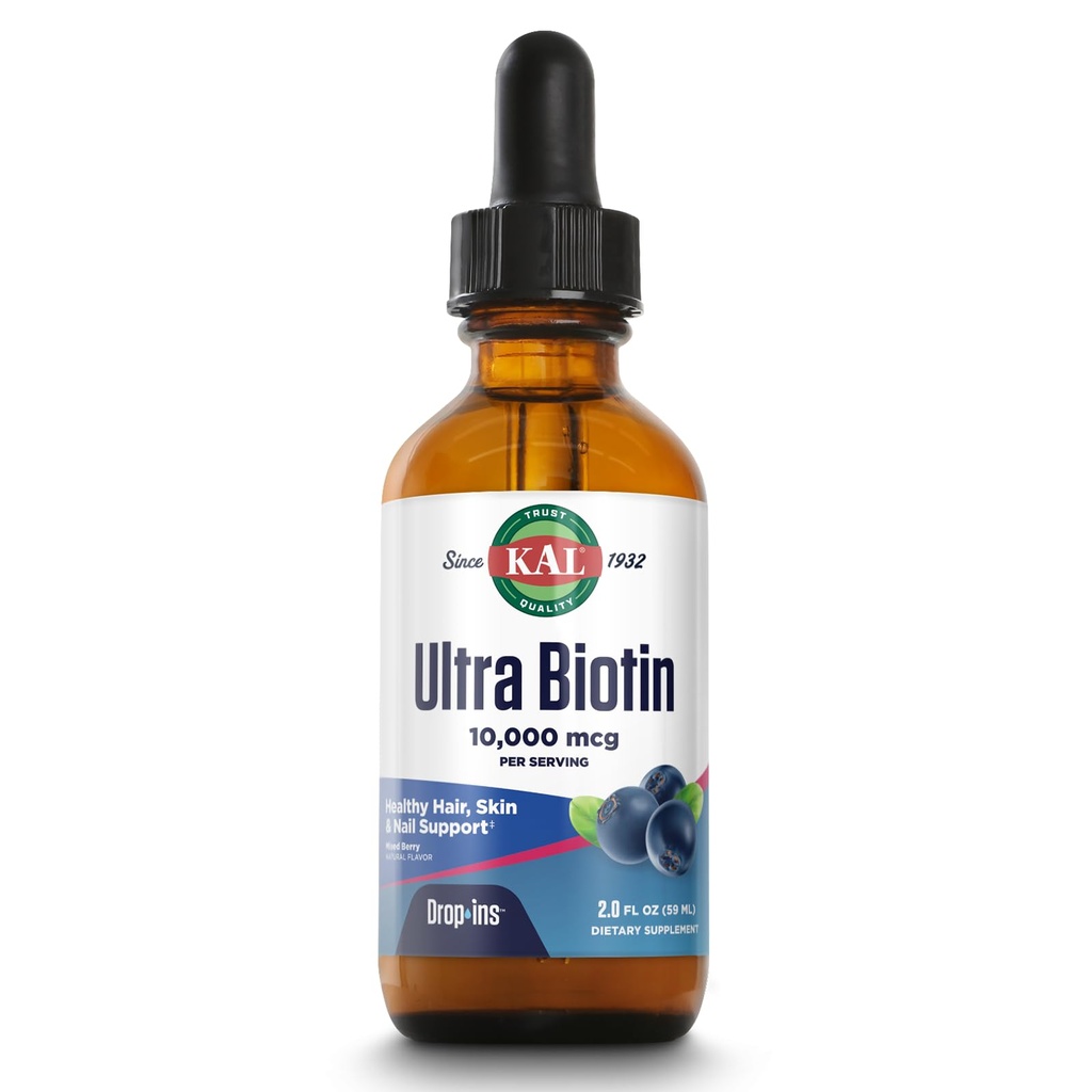 KAL Ultra Biotin 10000mcg DropIns, נוזל biotin Drops, תוספת שיער צמיחה, ויטמין B7, שיער בריא, עור, ריחות ותמיכה אנרגיה, תערובת טבעית ברי פלאמור, Approx. 59 , 2oz