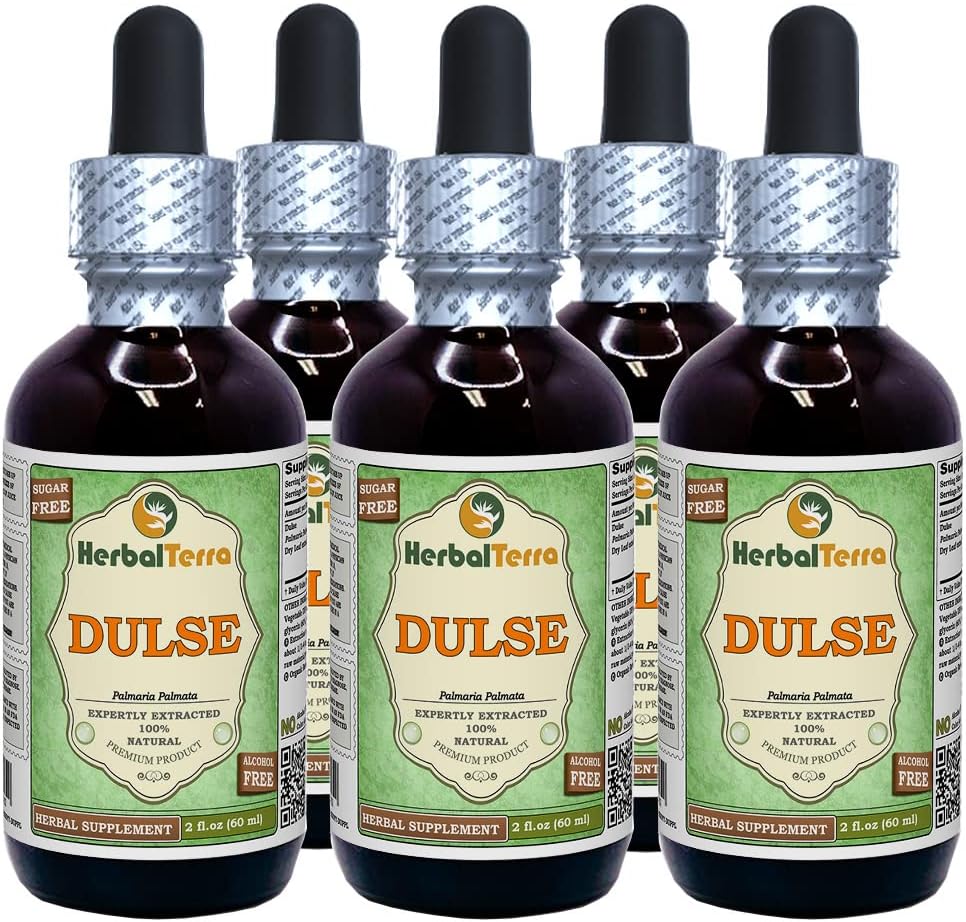 Dulse (Palmaria פלמטה) Glycerite, אורגני Dried Leaves Alcohol-Free Liquid Extract (Brand Name: HerbalTerra, Proly Made in USA) 5x2 fl.oz (5x60 מ"ל)