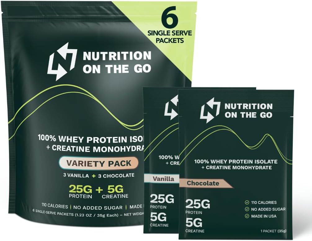 תזונה על Go Whey חלבון Isolate Packets עם Creatine - 25g חלבון + 5g Creatine - אבקת חלבון נסיעות יחיד משרת - Variety Pack (Vanilla & שוקולד) (6-Pack)
