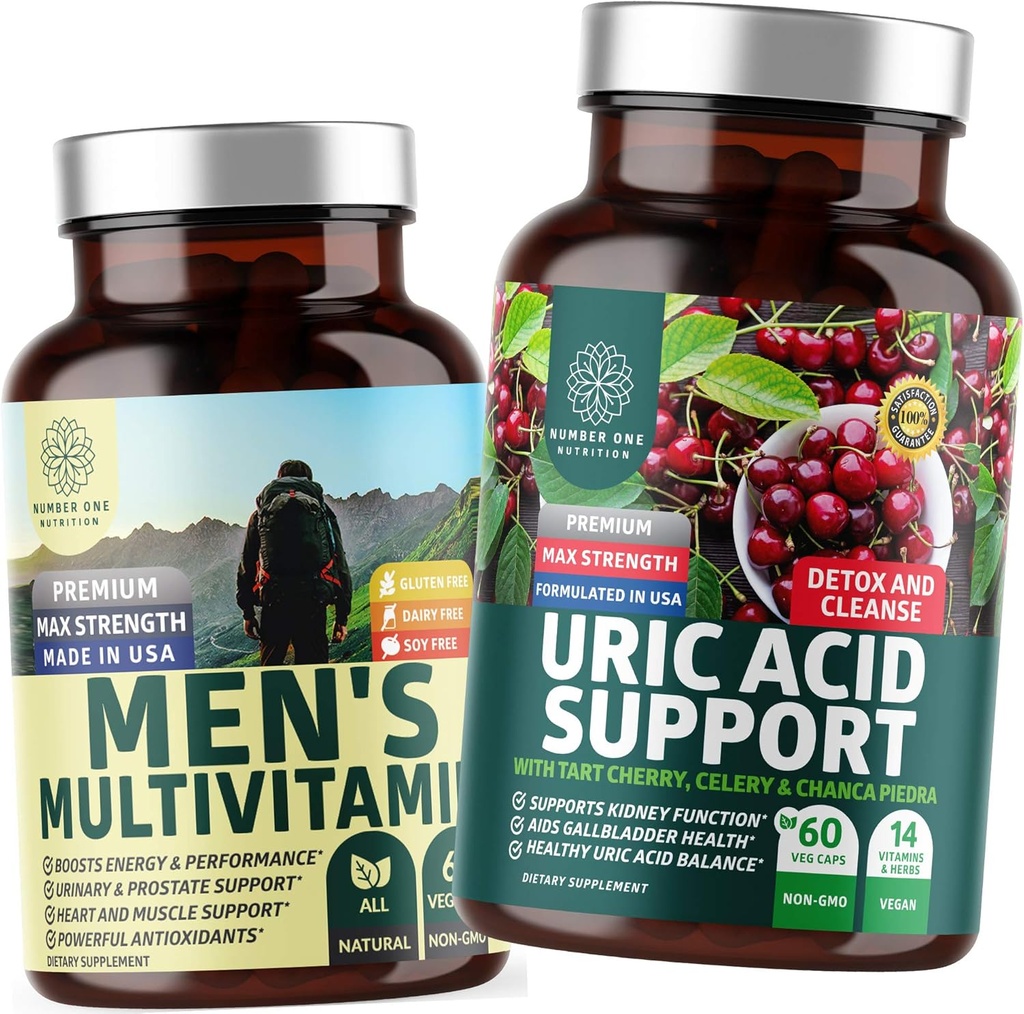 מספר אחת של תזונה N1N Premium Uric Acid תמיכה ו- Multivitamins של גברים, כל תוספי מזון טבעיים לתמוך רמות אנרגיה, Prostate Health and Urinary Tract פונקציות, 2 Pack Bundle