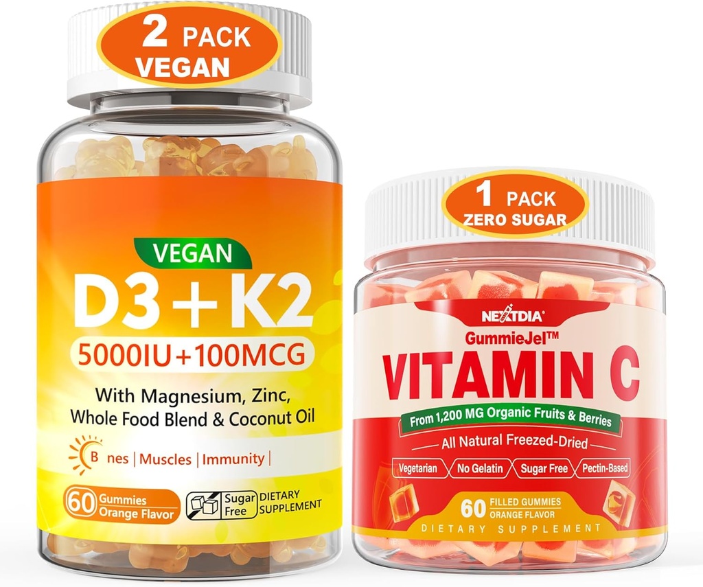 2 Pack Vegan ויטמין D3 5000IU K2 חניכיים + 1 Pack Whole מזון ויטמין Cmies