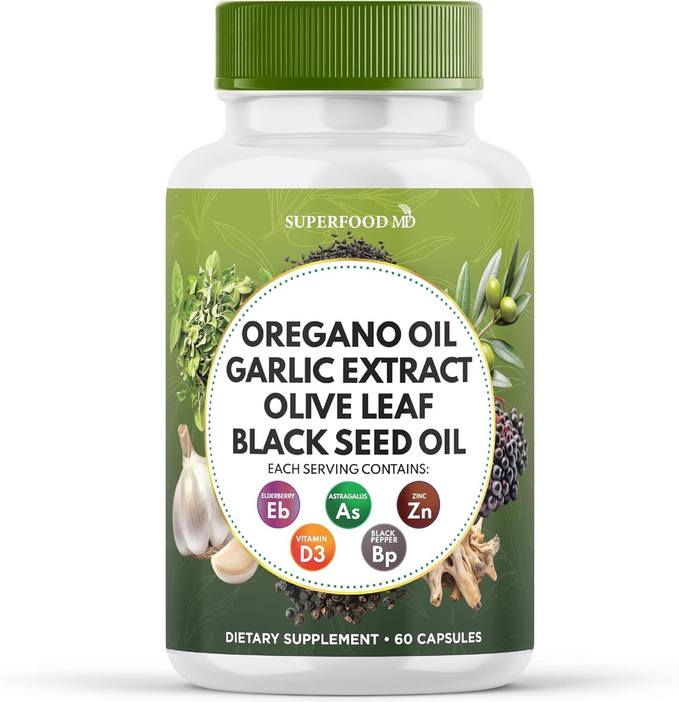 Superfood MD Oregano שמן Garlic לחלץ אוליב שחור עין שמן Astragalus - עבור נשים וגברים- 60 הרוזן