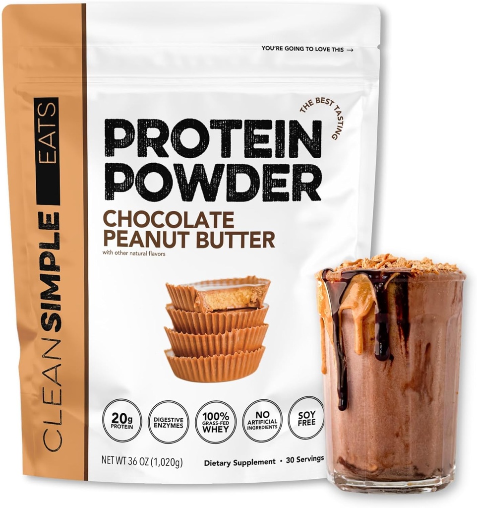ניקוי פשוט אוכל אבקת חלבון Whey, שוקולד Peanut Butter Flavor מתוקן באופן טבעי, 100% אבקת חלבון Grass פד עם Enzymes & No artificial Ingredients, Gluten Free, 30 משרתים