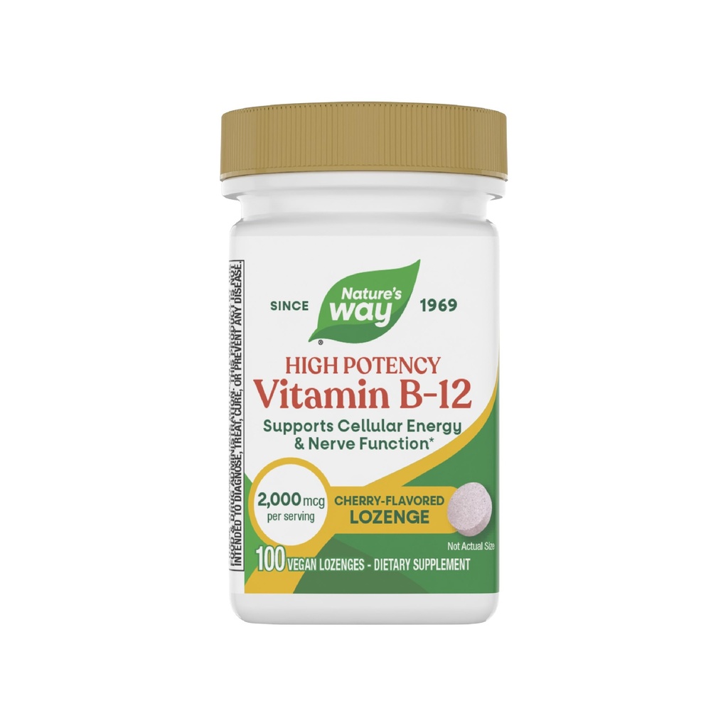 דרכו של הטבע ויטמין B-12 Lozenges, 2,000 mcg ויטמין B12 ל- Lozenge, תומך באנרגיה סלולרית ותפקוד עצבי*, No Gluten, Vegan, Cherry Flavored, 100 Count (Packaging May Vary)