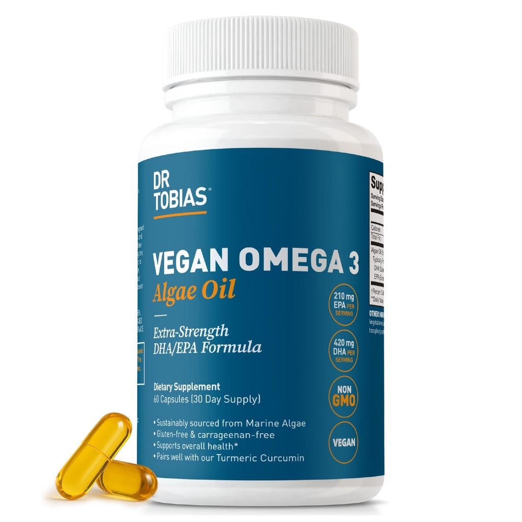 Dr. Tobias Vegan אומגה 3, 1400mg Algae שמן, 420 מ"ג DHA, ו- 210 מ"ג EPA לשרת, non-GMO, Gluten-Free, Carrageenan-Free, 60 קפסולות, 30 משרתות.
