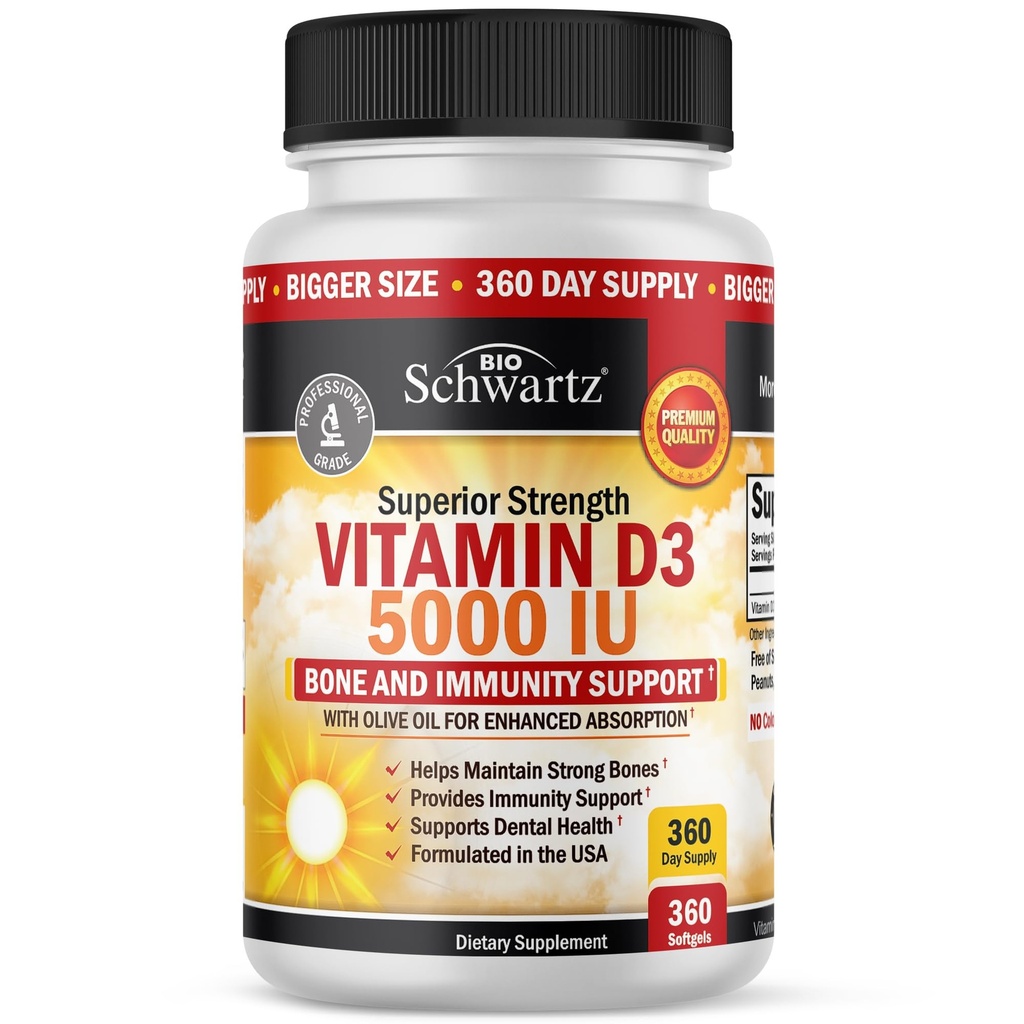 ויטמין D3 5000 IU (125 mcg) Natural Immune תוסף, כוח עצם, תפקוד שרירים בריא, עם שמן זית עבור מיצוי גבוה ביותר, Gluten Free & non-GMO, 1 שנה אספקה, 360 Softgels