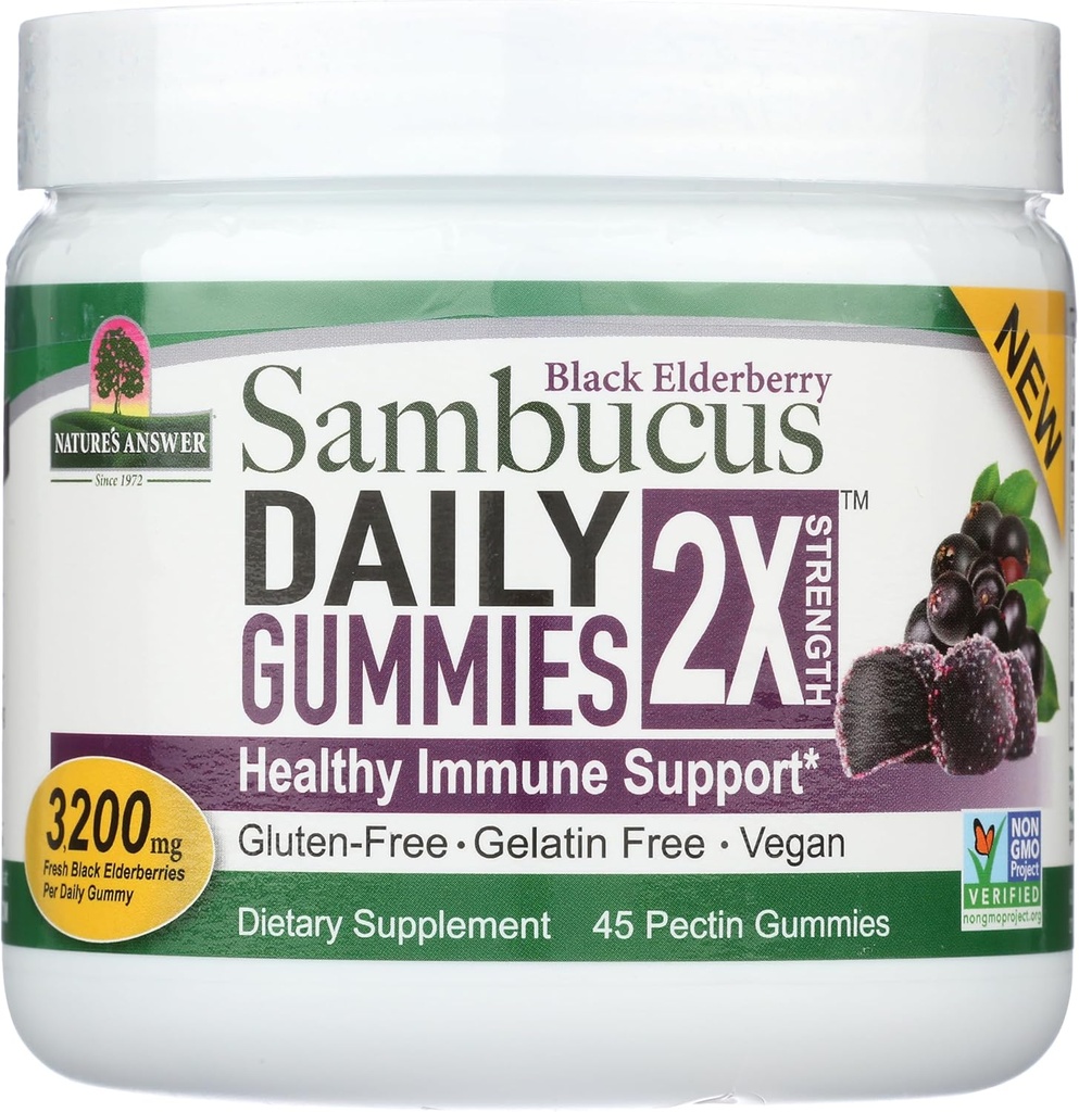 תשובתו של הטבע Sambucus Daily Gummies | 2X More Elderberry 3200 מ"ג ריכוז | אלכוהול חינם, Gluten-Free, Gelatin-Free, Vegan, Non-GMO & No Preservatives