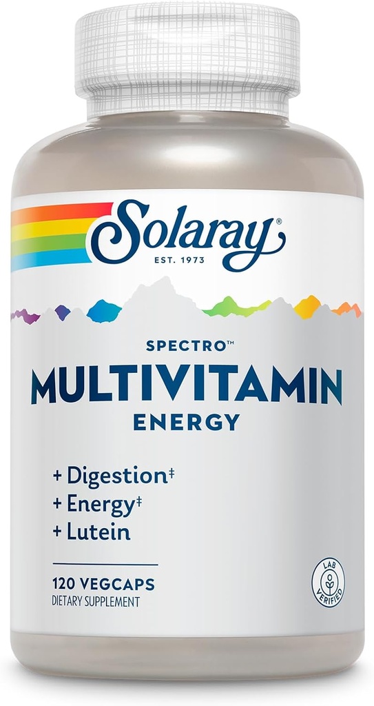 SOLAray Spectro Energy Multivitamin לנשים וגברים - אנרגיה סלולרית, עיכול, בריאות העין ותמיכה Immune - w /Vitamin A, ויטמין B Complex, CoQ10, ברזל, Enzymes, Lutein - 30  משרת, 120 VegCaps
