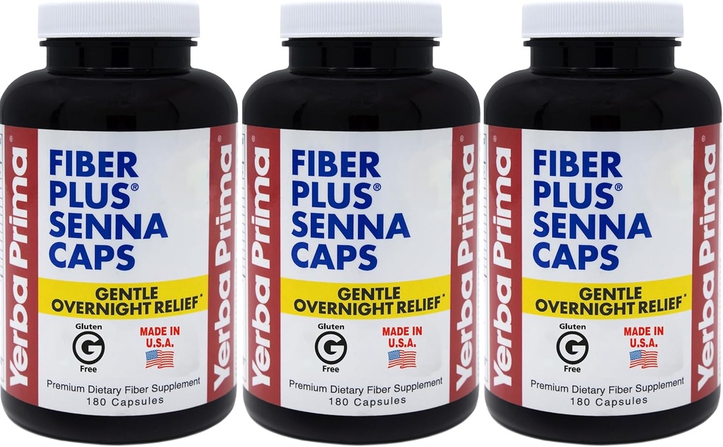 Yerba Primafi Plus Senna כמוסות, 180 ספירה (Pack of 3) - 118 משרתות של Gentle Overnight הקלה, ארה"ב Made, non-GMO, עבור שימוש קצר תנאי כדי לשחזר סדירות