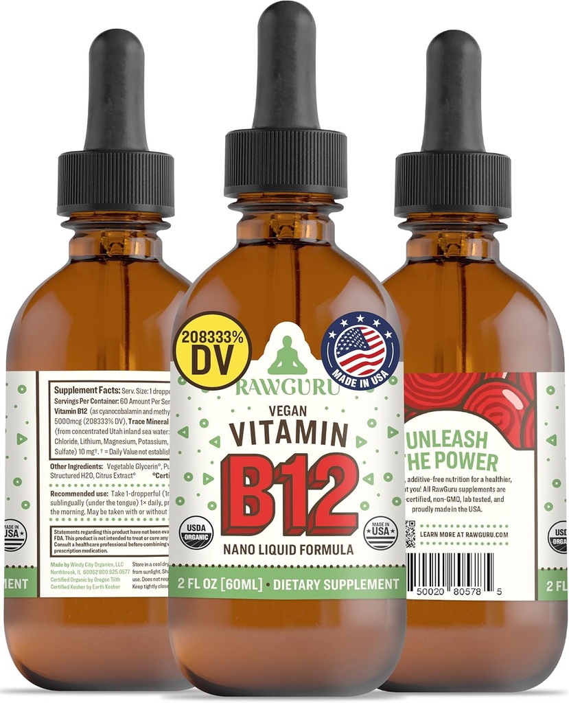 RawGuru ויטמין B12 נוזל נוזלי - אורגני נוזל B12 עם Trace מינרלים - nano-Processed Antioxidant & Immune תמיכה תוסף Tincture - 60 לשרתים של טיפות טבעוניות ל 60 מ"ל, Pack של 1 1