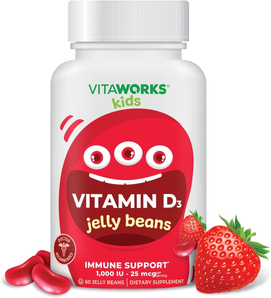 ילדים ויטמין D 1000 IU Jelly Beans - Tasty Natural Strawberry Flavor, Vegetarian, GMO-Free, Gluten Free, Nut Free ויטמינים - תוספת תזונתית לתמיכה במזל - עבור ילדים - 60 Jellies