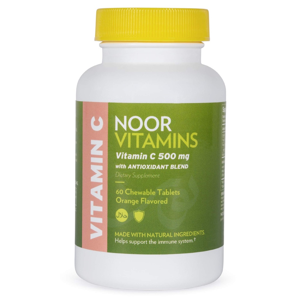 Noor ויטמינים 500 MG Halal ויטמין C Chewable Tablets + Rose HIPS ואנטיoxidants אני תומך במערכת החיסון I טבעוני, גלן חינם והליל ויטמין 60 כתום פלאדורד צ'ואלה I 2 חודש אספקת I